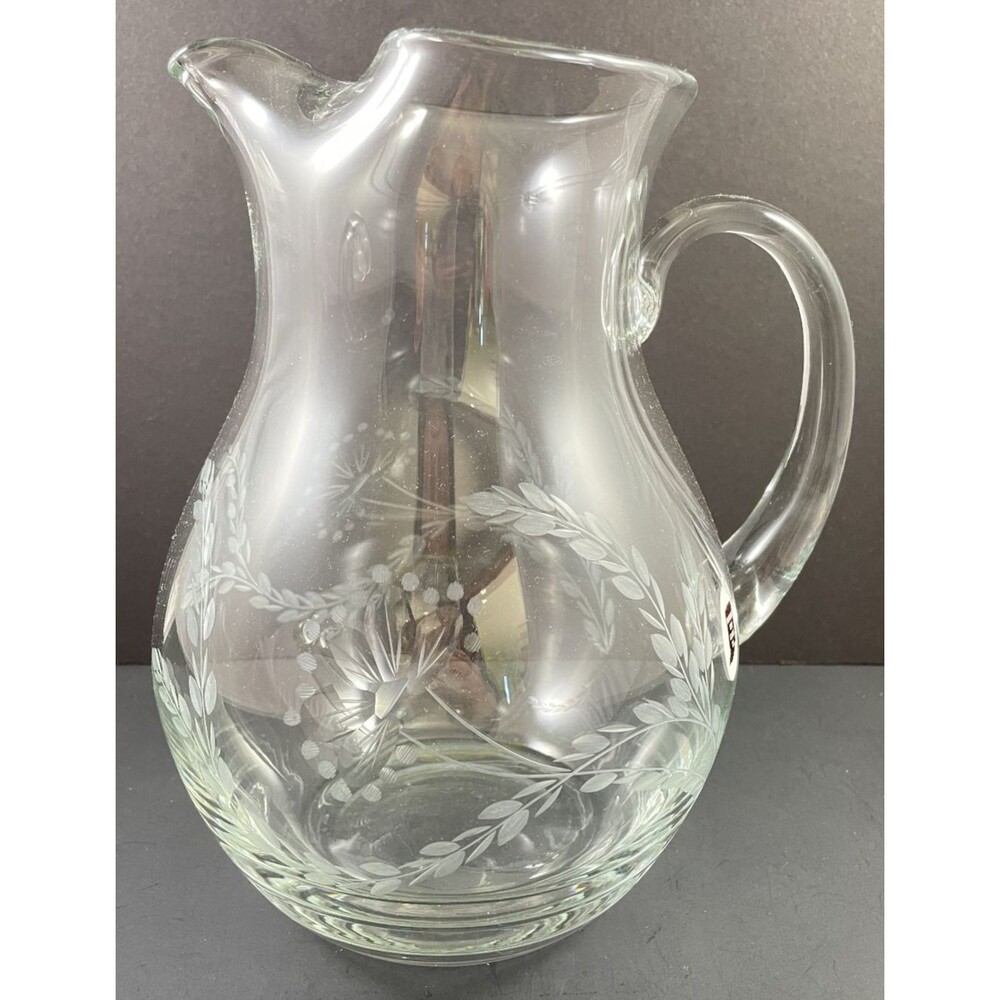 Warsaw Cut Glass Pitcher 9.25" Clear Etched Flowers Leaves Vintage